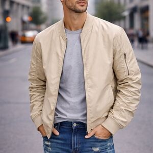 Men's Stone Beige Bomber Jacket - Classic Zip Front